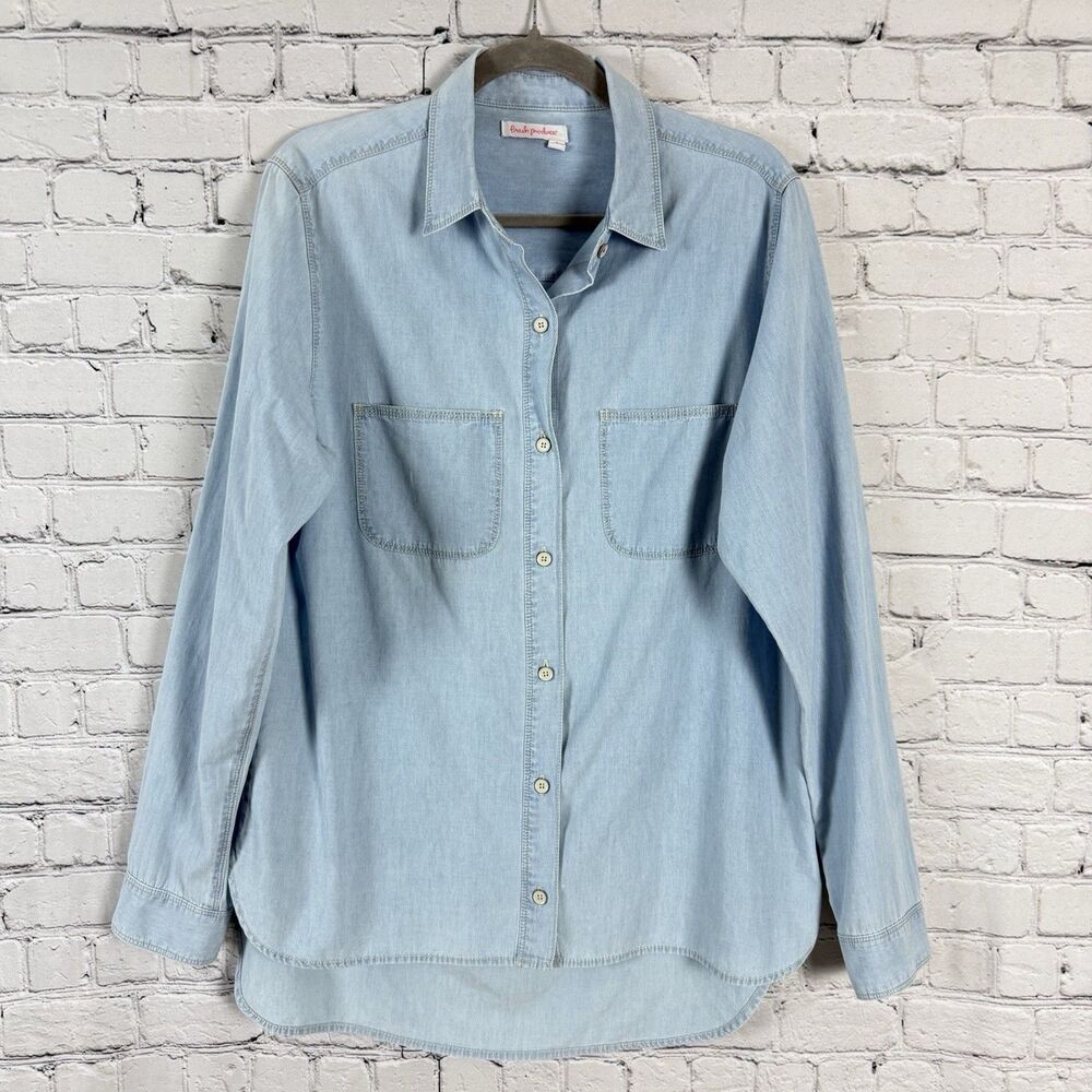 Fresh Produce Chambray Light Blue Denim Shirt Women S Long Casual Button Up Top